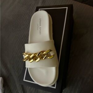 Urban Sport White J/Slide Sandals with Gold Chain accent.